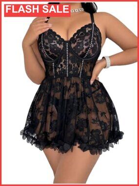 Plus Size Lace Babydoll Nightgown Open Back Chemise Sleepwear